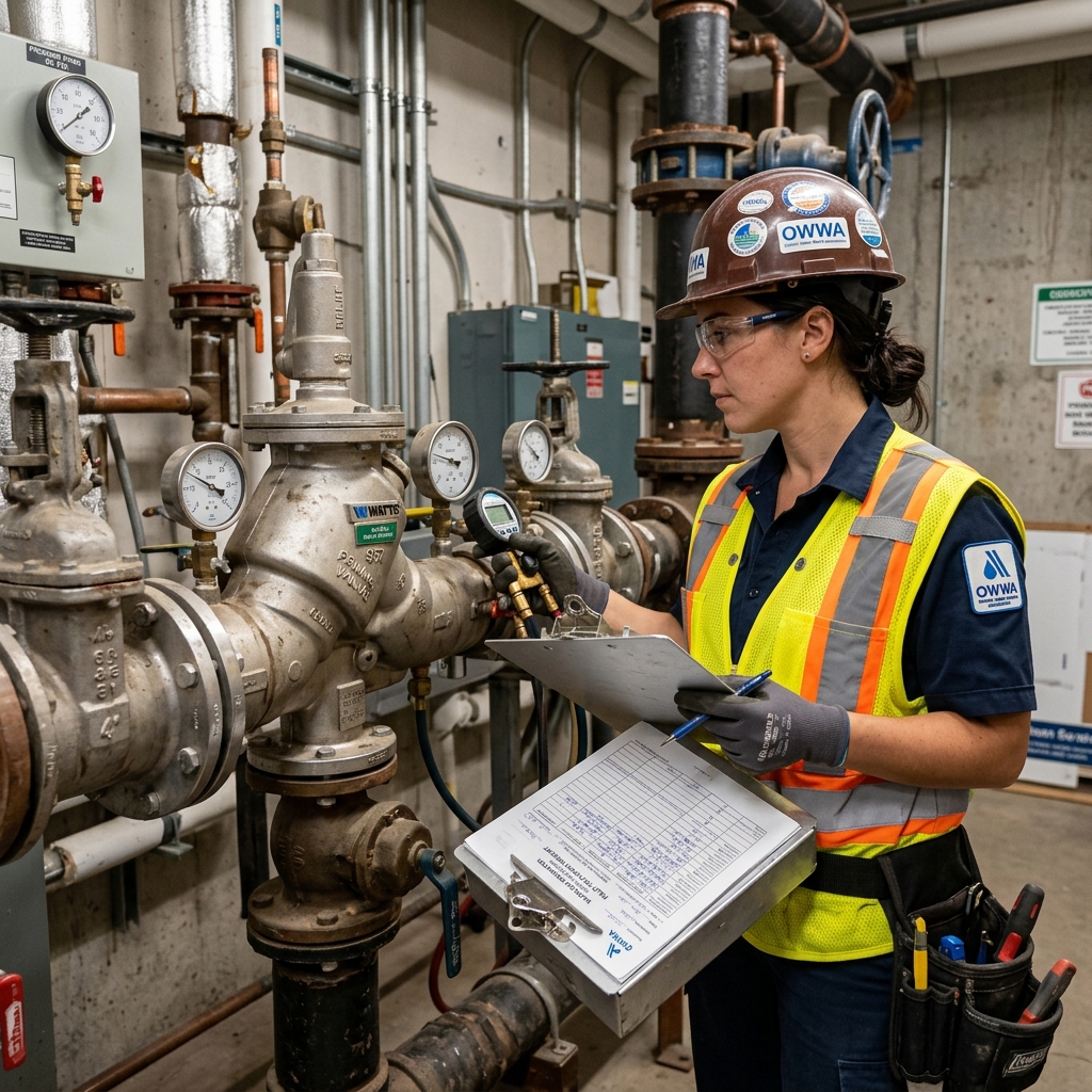 OWWA certified technician inspecting backflow preventer