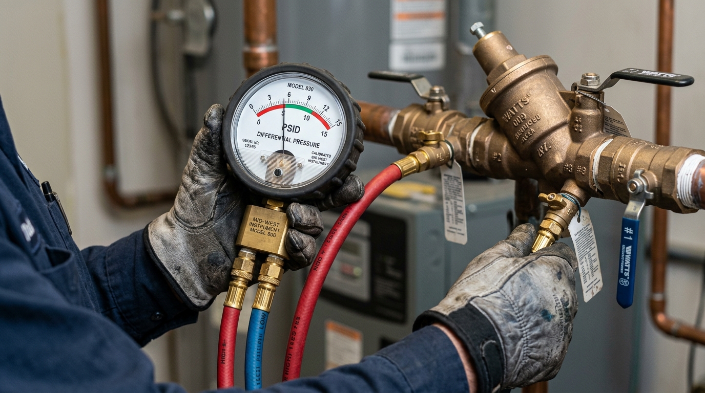 Technician testing backflow preventer with gauge